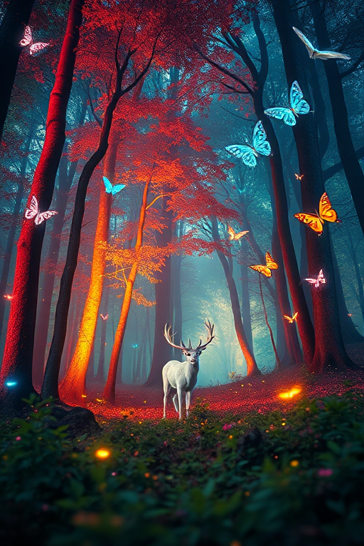create a fantastical forest scene with vibrant colors, glowing trees, butterflies with sparkling effects, and a mystical white deer in the center, shot with a Canon EOS R5, 35mm lens, f/2.8 aperture, ISO 100, 1/125 sec shutter speed, low angle view, using a cinematic style for enhanced image quality.
