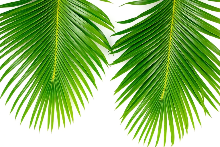 Generate an image of two vibrant green palm leaves with intricate details against a plain white background, shot with a DSLR camera at f/2.8 aperture, ISO 100, and a 50mm lens, using a soft natural light style to enhance texture and color depth.