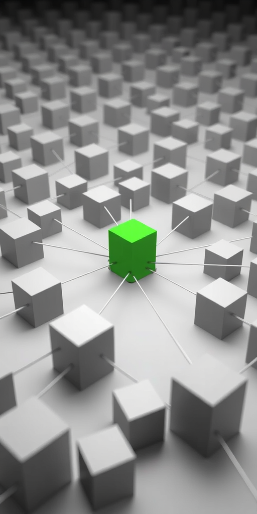 Create a 3D render of a network of gray cubes connected by lines with one green cube standing out in the center, use a Canon EOS 5D Mark IV with a 50mm lens, aperture f/8, ISO 100, focal length 50mm, shot from a low angle perspective to enhance depth and detail.