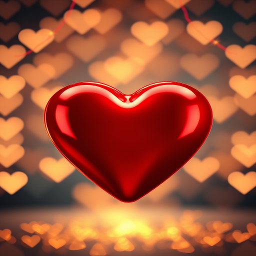 Create a 3D rendered image of a shiny red heart framed with sparkling golden lights against a soft bokeh background of glowing heart shapes, captured with a DSLR camera at f/1.8 aperture, ISO 100, 50mm lens, in a macro style to enhance detail and depth.