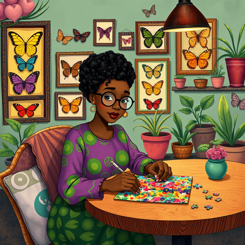 A vibrant and whimsical illustration of an african american woman sitting at a table working on a colorful jigsaw puzzle. she is wearing round glasses, and patterned clothing in shades of purple and green.  The background features an eclectic collection of framed butterflies, potted plants, and other natural elements, creating a warm and inviting atmosphere. The style is playful and modern, with rich textures, intricate details, and a lively color palette.