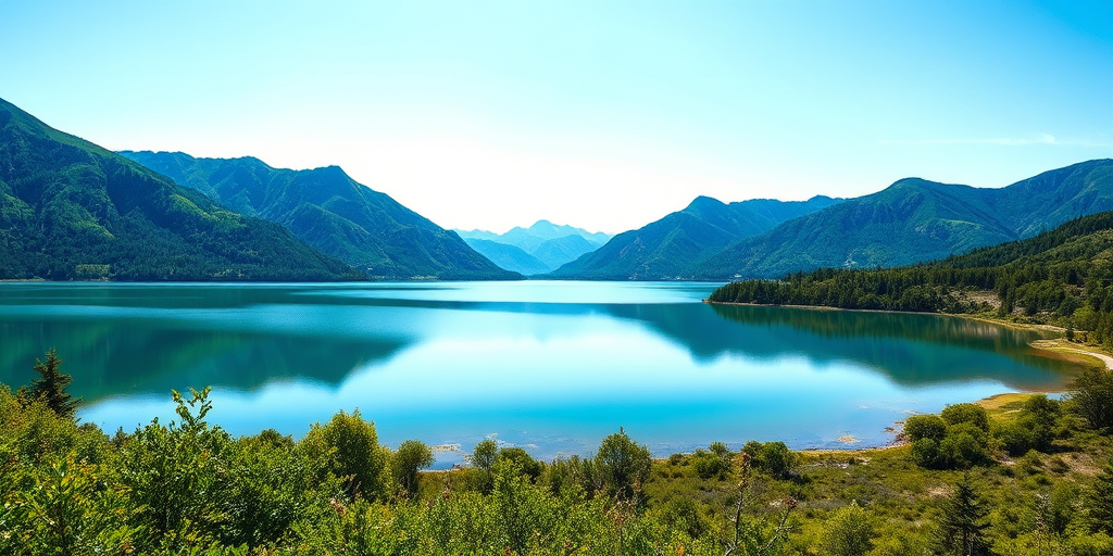 Generate a high-resolution image of a serene landscape with a clear blue sky, lush green mountains in the background, and a tranquil lake reflecting the scenery, shot with a Canon EOS 5D Mark IV, 24mm lens, aperture f/8, ISO 100, using a wide-angle view for depth and clarity.