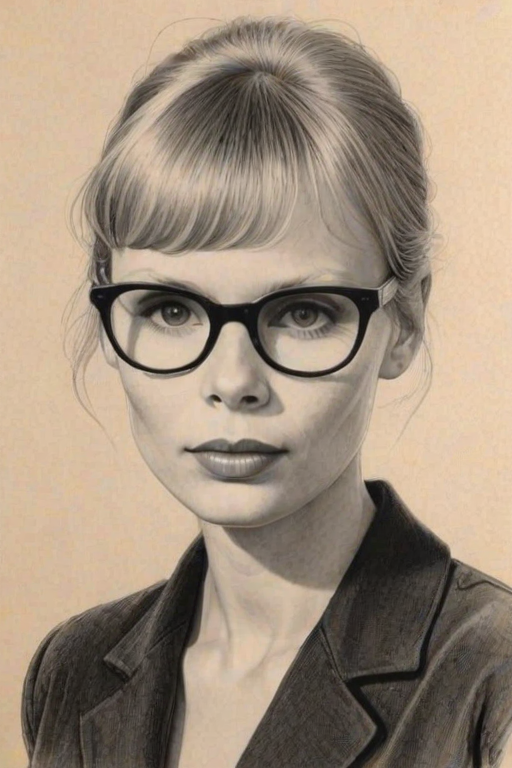 Fascinating Mia Farrow, pencil sketch, portrait of Fascinating woman 1949s in glasses, hair style beatnik, outline, clear lines, fine lines, 8k