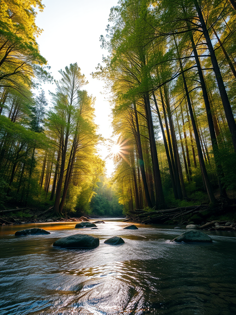 Create an image of a serene, sunlit forest scene with a clear, gently flowing river. Tall trees with lush green foliage line both sides of the river, their leaves bathed in the warm golden light of the setting or rising sun. The sunlight filters through the trees, casting soft, dappled light on the river, which flows over smooth rocks and pebbles, creating a peaceful, natural atmosphere. The sky is bright with a few scattered clouds, and the overall mood is tranquil, evoking a deep sense of connection with nature. The image captures the beauty of a calm, pristine forest landscape at either dawn or dusk.
