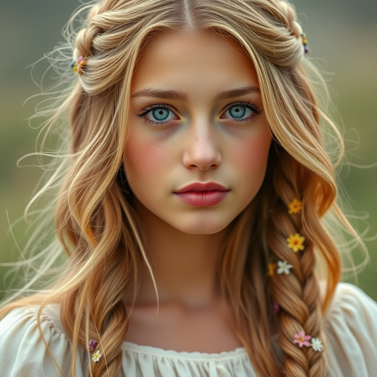 Create an image of a young Kyrgyz woman with long, wavy blonde hair, adorned with small, colorful flowers woven into her braids and loose strands. Her complexion is fair, with soft, glowing skin, and she has light blue eyes that gaze softly at the viewer. She wears a light, flowing dress with a gentle, ethereal quality, complementing her delicate and serene appearance. The background is slightly blurred, drawing focus to her tranquil expression and the intricate details of the flowers in her hair. The overall mood of the image is one of natural beauty and grace, evoking a sense of peacefulness and connection with nature.