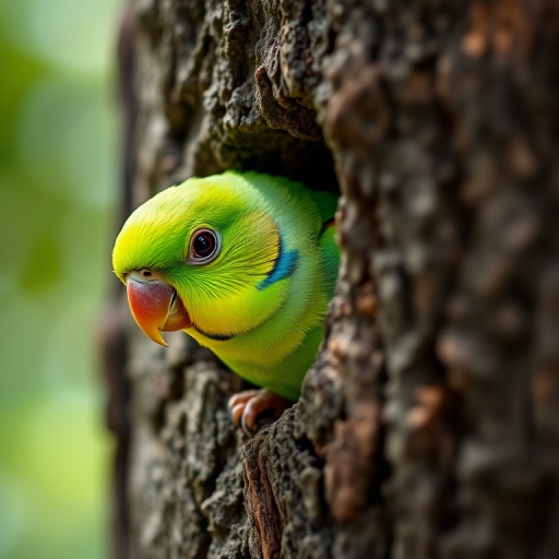 a vibrant green parakeet peeking out from a textured tree trunk, shot with a Canon EOS R5, 100mm macro lens, f/2.8 aperture, ISO 200, natural light, shallow depth of field, focus on the bird with a blurred background