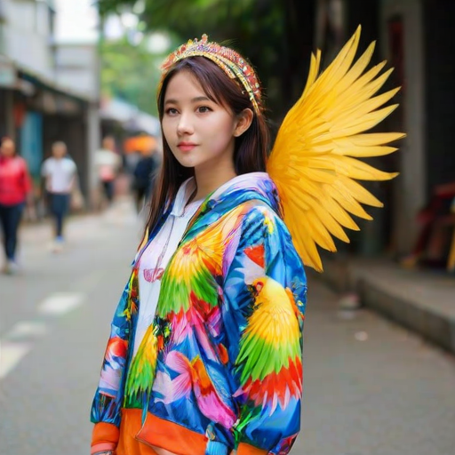 A beautiful Taiwanese girl, wearing colorful bird clothing with vibrant colors