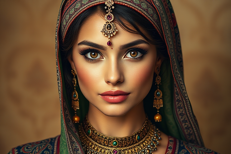 Create a portrait of a beautiful woman with striking hazel eyes and a gentle expression. She is adorned in traditional attire with intricate patterns, including a richly embroidered headscarf and matching garments. Her jewelry includes a delicate headpiece, dangling earrings, and ornate bracelets, all featuring vibrant gemstones and detailed metalwork. The background is soft and warm, enhancing the rich colors of her outfit and jewelry.