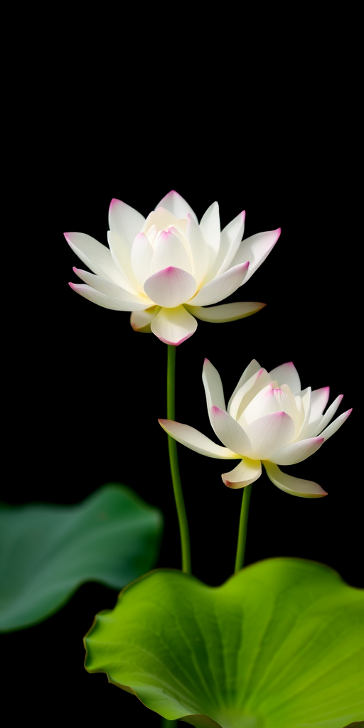 Photograph two white lotus flowers on a black background, using a macro lens, f/2.8 aperture, ISO 100, 1/200 sec shutter speed, natural lighting, taken with a DSLR camera.