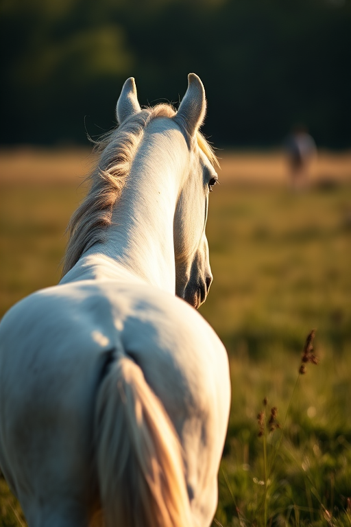 a close-up of a white horse looking back over its shoulder in a grassy field, soft natural lighting, shallow depth of field, 50mm lens, f/2.8, ISO 100, shutter speed 1/500, DSLR camera, portrait orientation
