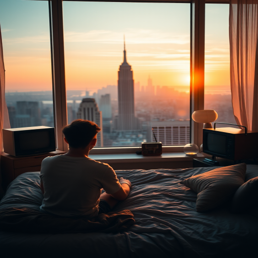 a serene sunset view from a cozy bedroom with a young man sitting on the bed, vintage television and radio in the background, city skyline with the Empire State Building visible, soft warm lighting, DSLR camera, 50mm lens, f/1.8 aperture, 1/100 sec shutter speed, ISO 200, golden hour photography