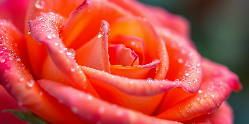 Capture a close-up of a dew-covered rose with vibrant orange and pink petals, using a macro lens at f/2.8, ISO 100, and a shutter speed of 1/200s, with a soft bokeh background for enhanced depth and clarity.