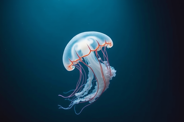 Create a high-resolution underwater photograph of a luminous jellyfish gracefully swimming, captured with a DSLR camera using a 50mm lens, f/2.8 aperture, ISO 200, and a shutter speed of 1/250s, with a macro view and a soft background.