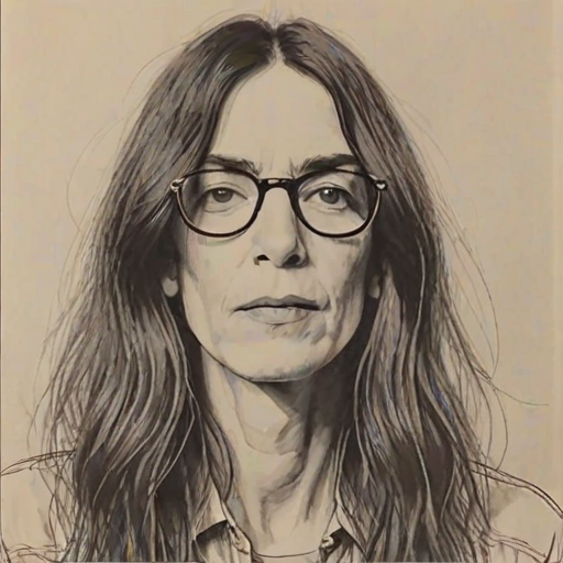 Splendid Patti Smith, pencil sketch, portrait of Resplendent woman 1966s in glasses, hair style beatnik, outline, clear lines, fine lines, 8k