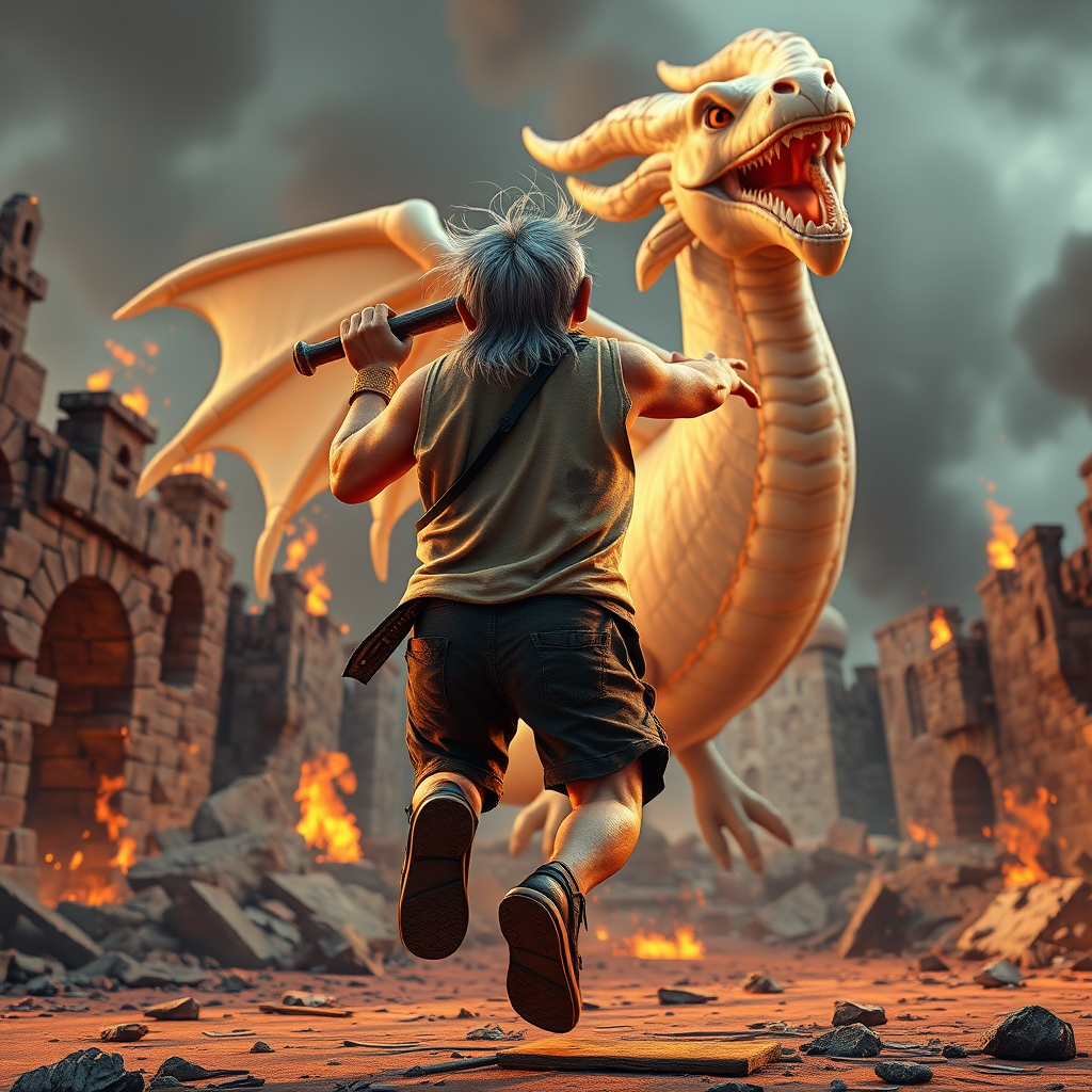 Cartoon 3D High-Resolution,dynamic battle scene using Unreal Engine 5 and Octane Render. The scene features back of an elderly, thai man with a beard,messy hair and round golden-rimmed glasses. He is wearing a tattered tank top with soot marks, shorts, and sandals. sweating. he wields a baseball bat. He jump to fight with a white fire-breathing Europe dragon amidst a partially destroyed stone castle. Include intense flames, smoke, and debris to enhance the dramatic effect.