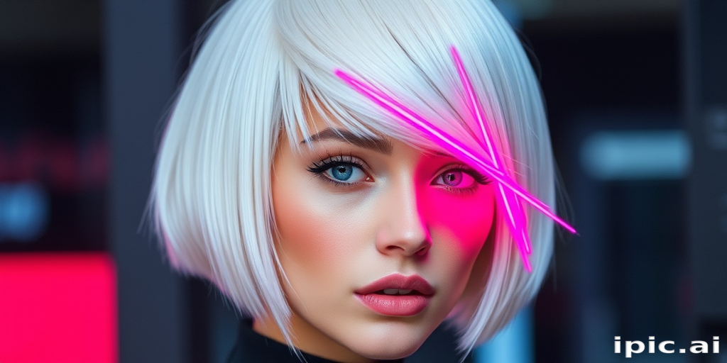 Sleek platinum blonde bob with razor-sharp edges and a single neon pink streak running asymmetrically through the fringe, exuding futuristic chic energy known as Cyber Frost