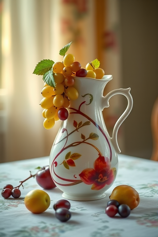 still life of a decorative pitcher with grapes and apples on a table softly lit from the side, taken with a Canon EOS 5D Mark IV, 50mm lens, aperture f/2.8, ISO 100, natural light, shallow depth of field, focusing on the pitcher while slightly blurring the background