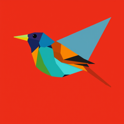 Create a vibrant, minimalist graphic of a geometric bird in shades of red, orange, blue, and green, with a flat design style, using a Canon EOS R, 50mm lens, f/2.8 aperture, ISO 100, and a soft-focus background to enhance the subject.