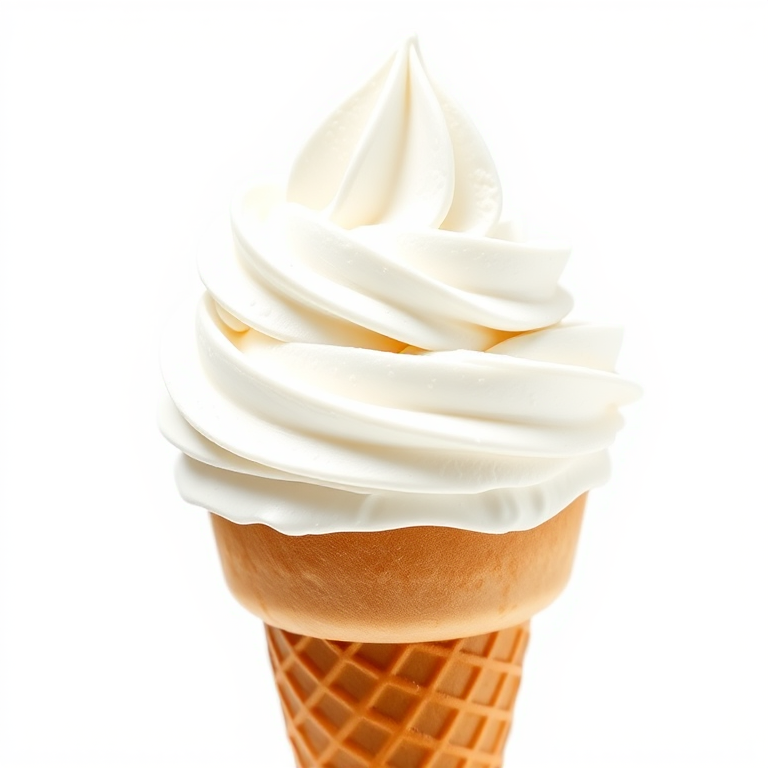 Create a high-resolution digital illustration of a whipped cream swirl on a cone, using a 50mm lens, aperture f/2.8, ISO 100, capturing the image from a slightly low angle to enhance depth, with soft lighting to emphasize textures and details, ensuring a clean white background for contrast.