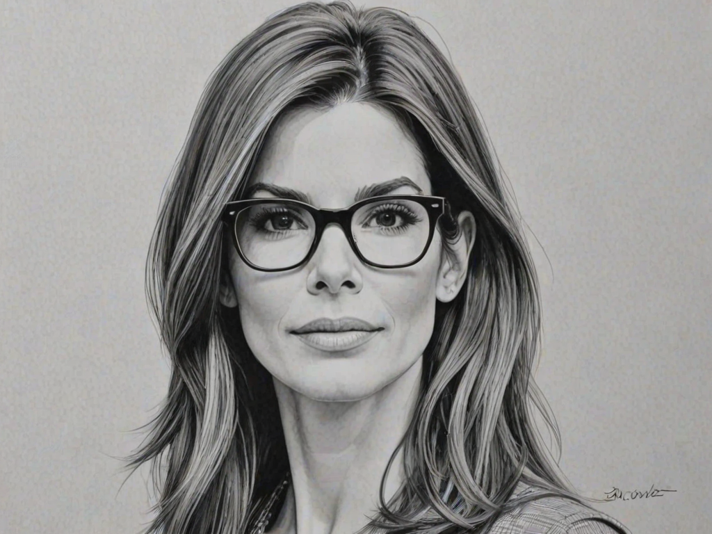 Graceful Sandra Bullock, pencil sketch, portrait of Sublime woman 1965s in glasses, hair style beatnik, outline, clear lines, fine lines, 8k