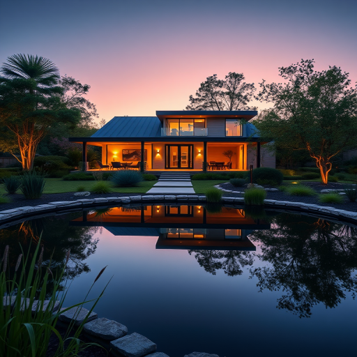 modern architectural home surrounded by tranquil landscaping and a reflective pond, twilight setting, soft lights illuminating the exterior, shot with a Canon EOS R5, aperture f/4, ISO 100, shutter speed 1/60 sec, wide-angle view, HDR photography style