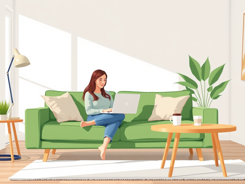 Create a vector illustration of a woman sitting on a green couch with a laptop, a coffee cup on a wooden table beside her, set in a bright and modern living room, using a 50mm lens, f/2.8 aperture, natural light, and a slightly elevated angle for a dynamic view.