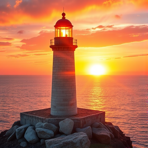 Generate an image of a tall lighthouse perched on a rocky outcrop surrounded by calm ocean waters during a breathtaking sunset. The lighthouse stands sturdy and weathered, its stone surface illuminated by the warm golden light of the setting sun. The sun's rays pass directly through the glass lantern room at the top of the lighthouse, casting a brilliant light across the scene. The sky is painted with vibrant shades of orange, pink, and purple, reflecting off the tranquil sea. The surrounding water shimmers with the same warm hues, creating a serene and majestic atmosphere.