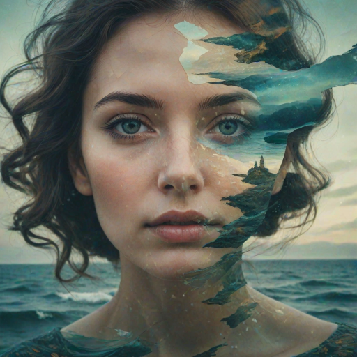 this picture is Book cover, A surreal double exposure portrait that blends a woman's face with a beautiful seascape. The overall mood is dreamy and mystical, with rich colors and intricate details
