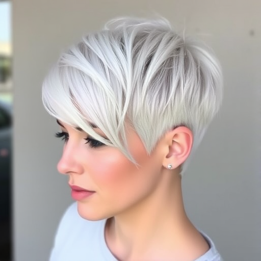 Chic Platinum Pixie cut with textured layers, asymmetrical bangs, and a bold undercut design, creating a modern and edgy look with a touch of sophistication