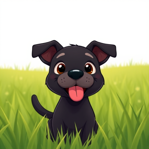 Generate a cartoon-style illustration of a cute black dog with round features and a big tongue, set in a green grassy field, using a Canon EOS R5 camera with a 50mm lens, aperture set to f/1.8, ISO 100, shooting from a low angle to enhance perspective and detail.