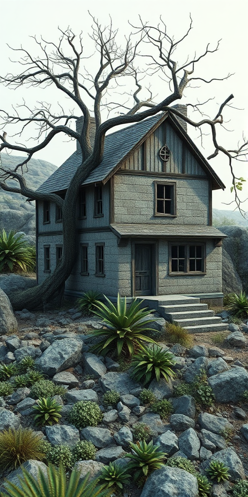 Create a highly detailed 3D rendering of an old, abandoned house situated on rocky terrain, surrounded by overgrown plants and a gnarled tree, using a DSLR camera with a 50mm lens, f/1.8 aperture, ISO 100, shooting at a slightly elevated angle with a soft-focus background to enhance depth.