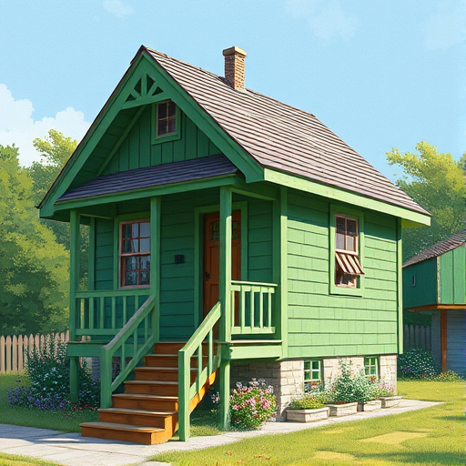 create a vibrant, detailed illustration of a traditional green house with a pointed roof and wooden steps, captured with a 35mm camera at f/8 aperture, ISO 200, in natural daylight, using a wide-angle lens to emphasize the structure and surroundings
