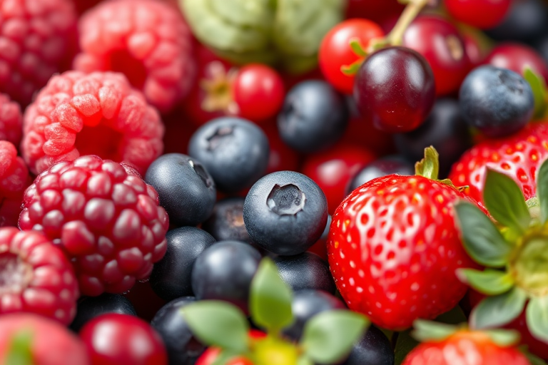 close-up shots of fresh berries including raspberries, red currants, blueberries, red currants, and strawberries with vibrant colors, soft focus background, natural lighting, ISO 100, f/2.8, 50mm lens, DSLR camera