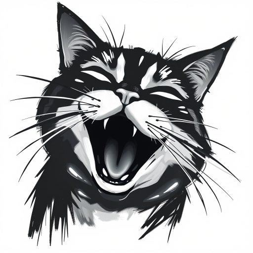 Abstract black and white acrylic portrait of an over exaggerated laughing (cat). Minimalism style. White background.