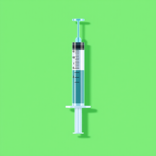 Create a vibrant flat design illustration of a syringe on a bright green background, with a focus on clarity and detail, using a 50mm lens, aperture f/2.8, ISO 100, shot from a slightly above angle, in a digital style with high resolution.