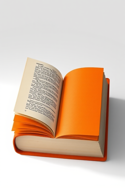 Create a high-resolution illustration of a closed book with an orange cover, using a Canon EOS R5 camera, 50mm lens, f/1.8 aperture, ISO 100, shot from a slightly elevated angle to enhance depth and detail.