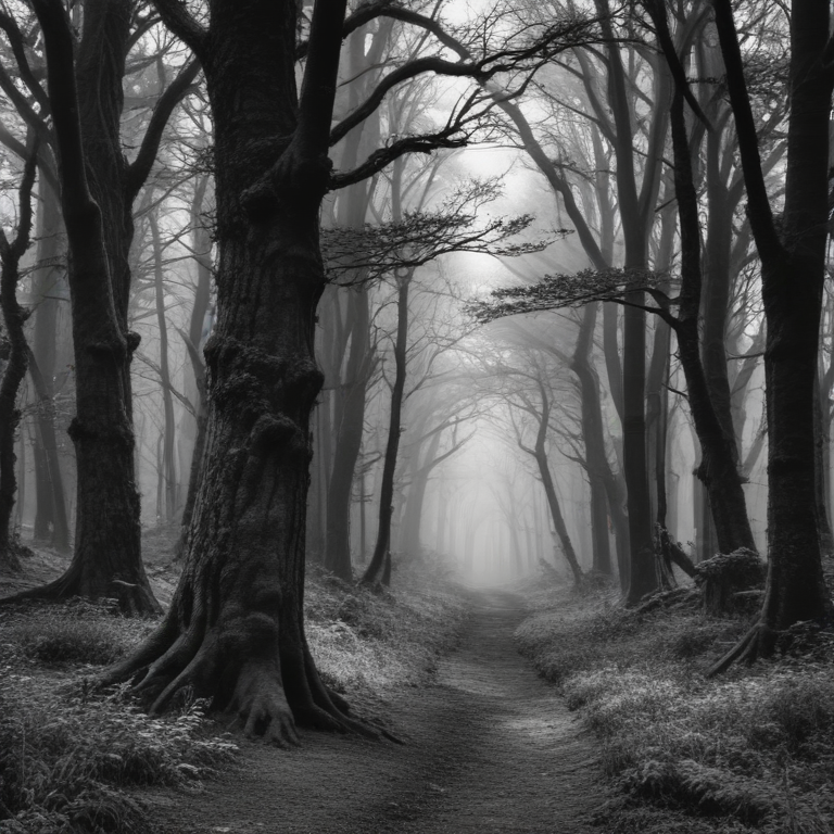 Enigmatic Forest Path Shrouded in Mist and Shadows at Dusk
