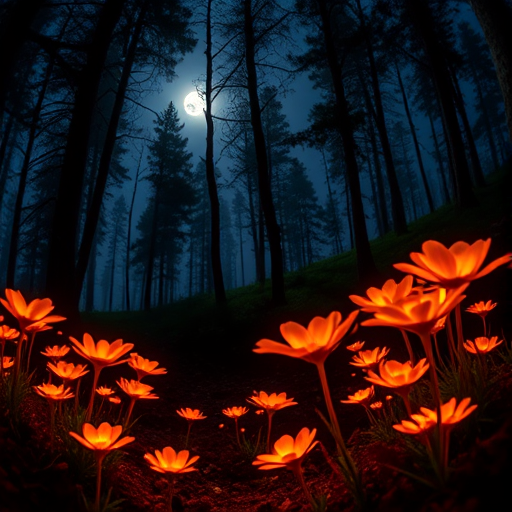 A vibrant nighttime forest scene featuring glowing flowers, with a full moon illuminating the landscape, shot with a DSLR camera at f/2.8 aperture, ISO 400, 1/60s shutter speed, 24mm focal length, using a macro lens for enhanced detail and depth of field.