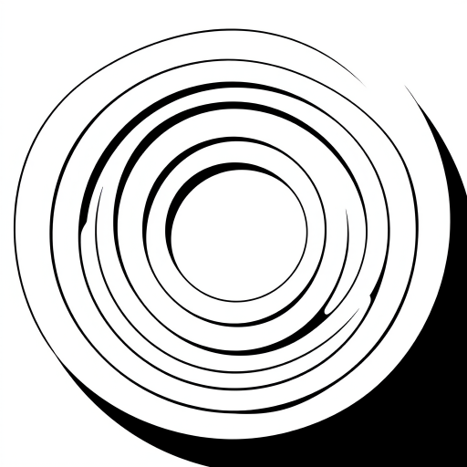 Create a black and white illustration of concentric circles with varying sizes, using a minimalist design approach; camera settings: f/5.6, ISO 100, shutter speed 1/100; camera view: top-down; camera style: digital art; camera type: mirrorless camera.