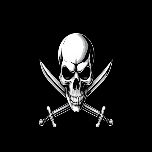 Create a high-resolution image of a stylized skull and crossed swords with a solid black background, using a DSLR camera at f/8 aperture, ISO 100, and a focal length of 50mm, with a wide-angle view for clarity and detail.