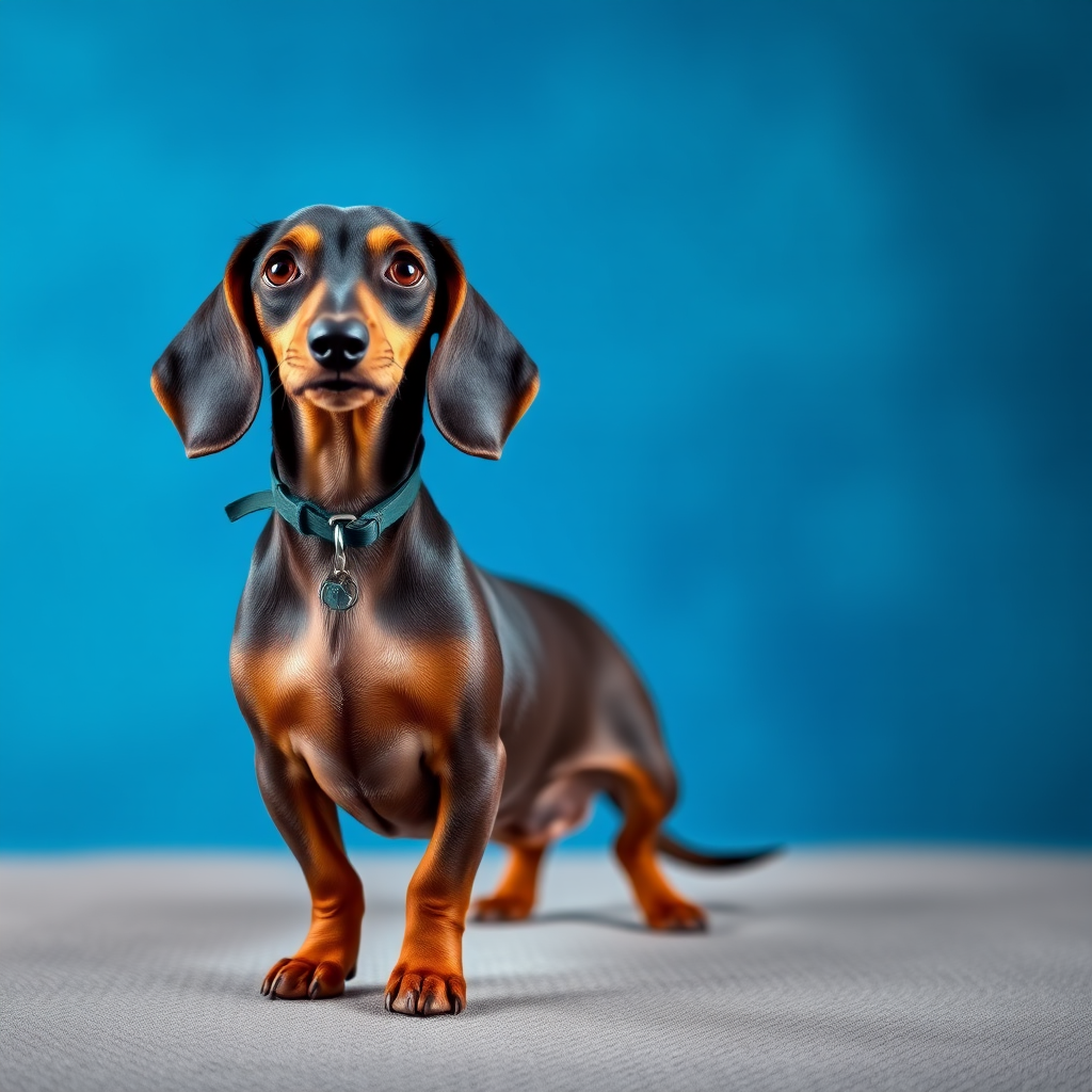 Dachshund standing upright on a textured surface with a blurred blue background, shot with a 50mm lens at f/1.8, ISO 200, using a DSLR camera, natural light, with a sharp focus on the dog and a soft bokeh effect.