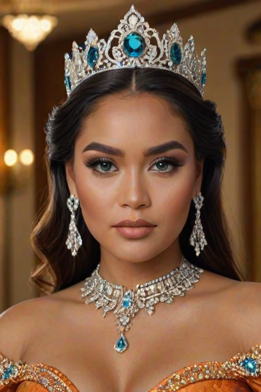 A gorgeous Tongan woman in a luxurious orange gown, accessorized with a dazzling tiara and statement earrings, her deep cyan eyes highlighted by impeccable makeup, poised in a royal setting, photorealistic, 8K quality