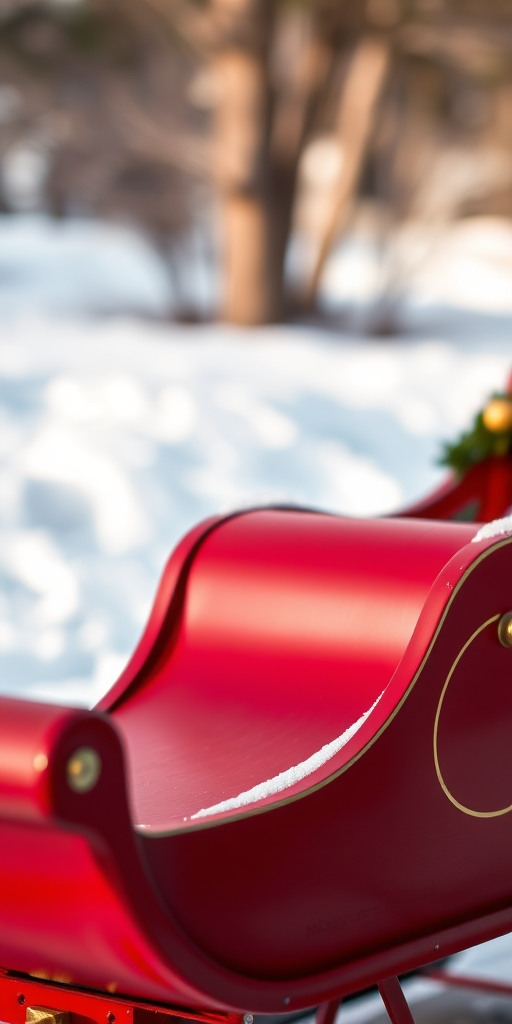 Create an image of a classic red sleigh with gold accents, captured in high resolution using a DSLR camera, 50mm lens, f/1.8 aperture, 1/125 sec shutter speed, soft focus background, and natural lighting.