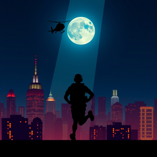Create a digital illustration of a silhouetted figure running with a backpack under a spotlight from a helicopter in a city skyline at night with a large full moon in the background, use a DSLR camera with a 50mm lens, aperture f/2.8, ISO 200, and a shutter speed of 1/60s, capturing a vibrant color palette and high contrast between the silhouette and the illuminated buildings.
