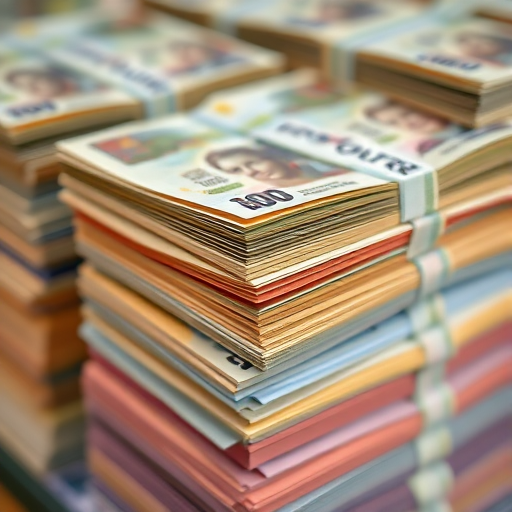 a close-up shot of neatly stacked bundles of banknotes in various colors, showcasing the texture and detail, shot with a Canon EOS R5, 50mm lens, f/1.8 aperture, ISO 100, natural light, shallow depth of field for enhanced focus on the banknotes