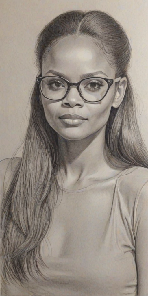 Magnificent Samantha Mumba, pencil sketch, portrait of Radiant woman 1972s in glasses, hair style beatnik, outline, clear lines, fine lines, 8k