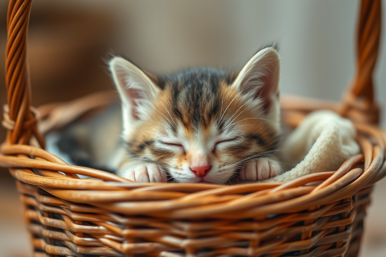 A cute sleeping kitten in a wicker basket with soft lighting, f/1.8 aperture, 50mm lens, ISO 100, shallow depth of field, soft focus background, natural light photography.