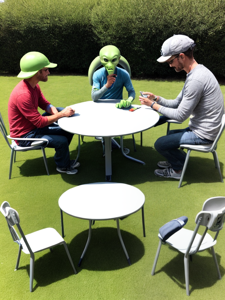 4 grey aliens sitting around a table trimming weed one talking on phone