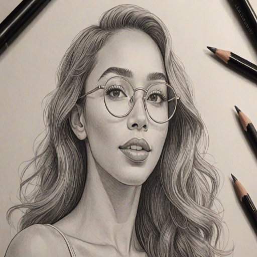 Graceful Eva Gutowski, pencil sketch, portrait of Dazzling woman 1948s in glasses, hair style beatnik, outline, clear lines, fine lines, 8k