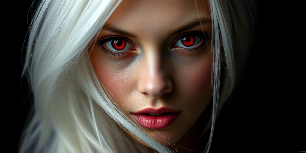 Create a high-resolution digital portrait of a woman with long, white hair and striking red eyes, set against a plain black background, using a DSLR camera with a 50mm lens at f/1.8, ISO 100, 1/200 sec shutter speed, and overhead lighting for dramatic effect.